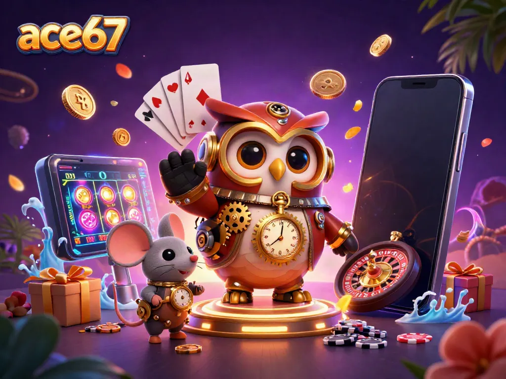 Experience ace67 with a whimsical casino scene featuring a time-traveling owl, slots, and magical elements.