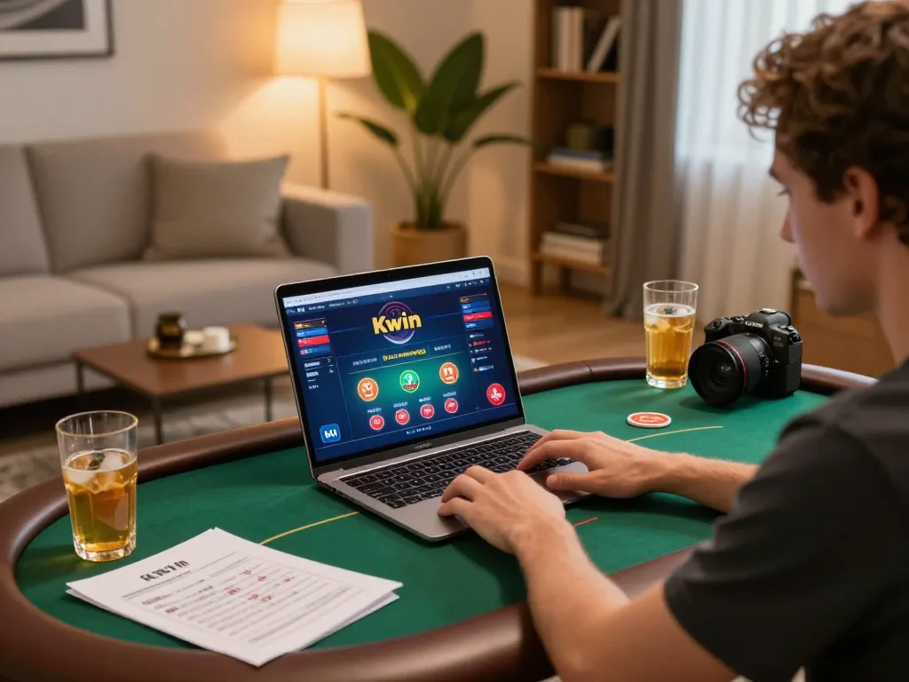 Player enjoying an engaging game at Kwin online casino, showcasing poker strategy notes and an inviting atmosphere.