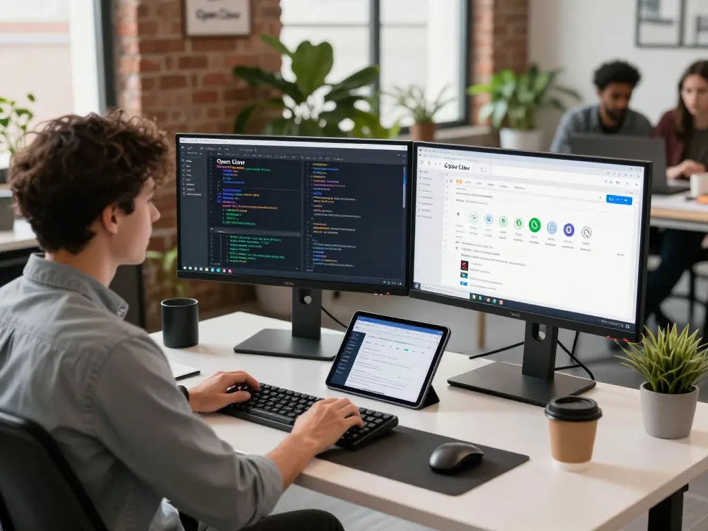Developer using Open Claw in a modern workspace with dual monitors and collaborative tech environment.