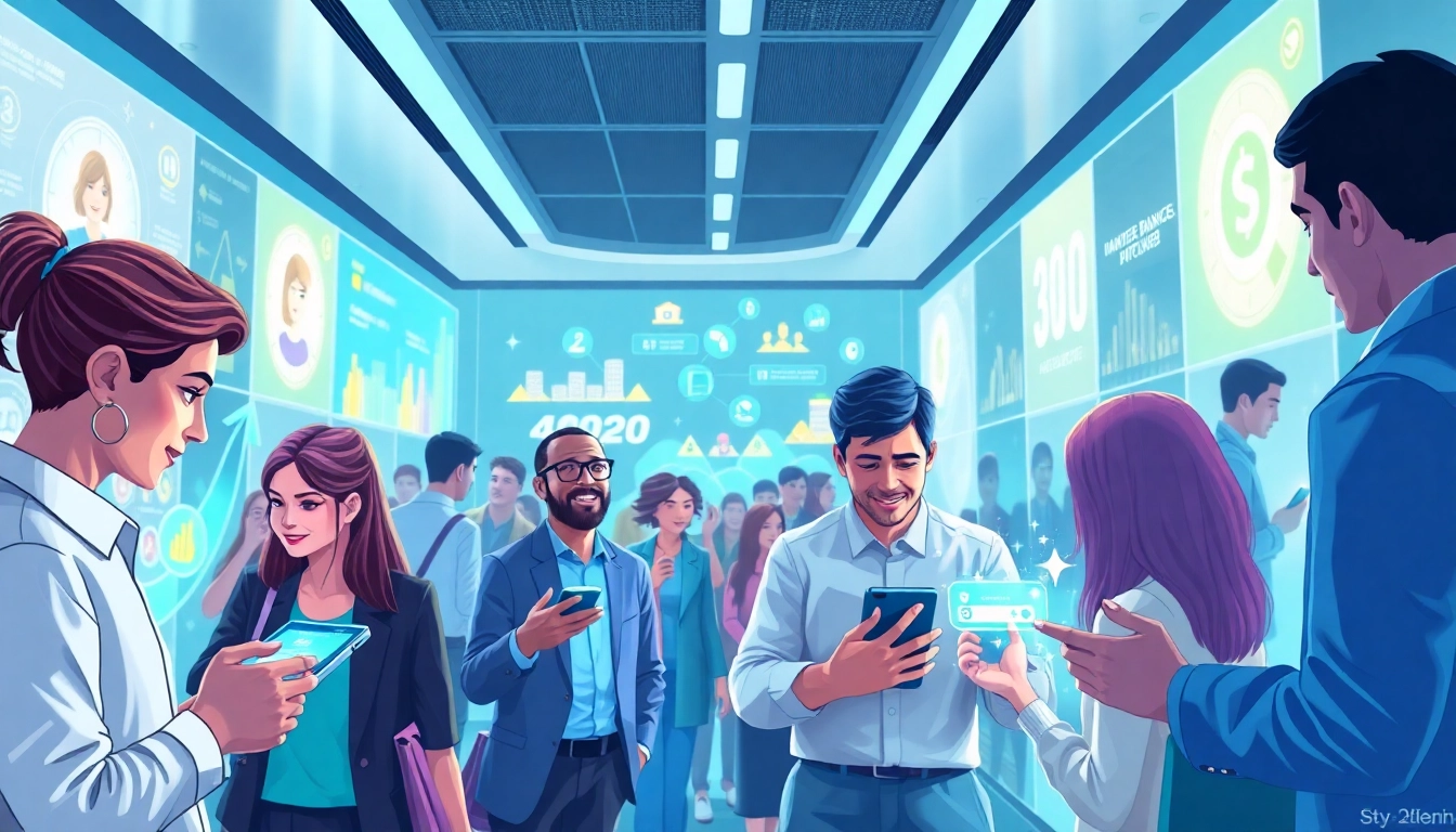 Engage in banking gamification with diverse users enjoying innovative digital finance interactions.