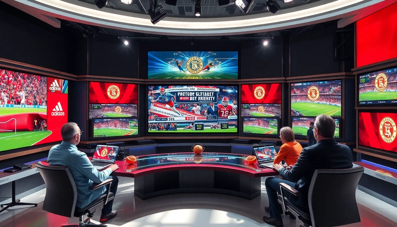 Engaging sports broadcasting studio with anchors discussing live sports events professionally.