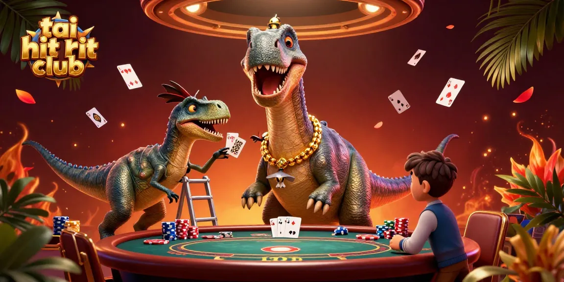 Play poker at tai hit club with a giant brontosaurus dealer amidst vibrant casino elements.