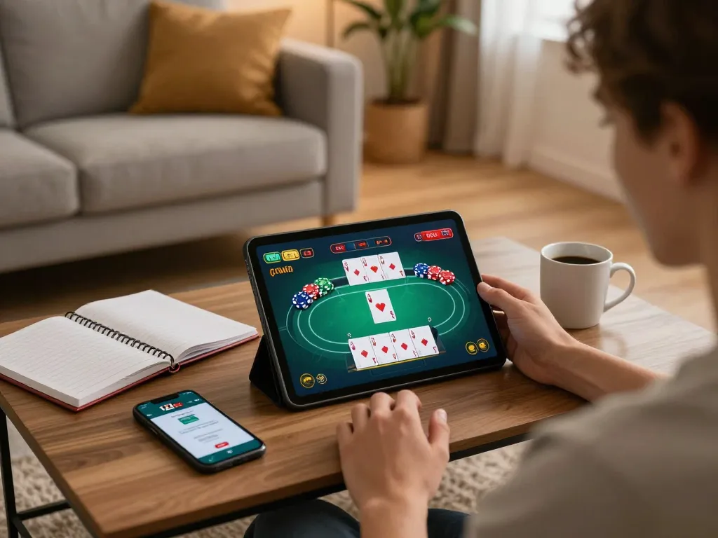 Tham gia trò chơi poker 12bet trên máy tính bảng trong không gian phòng khách ấm cúng, thể hiện trò chơi có trách nhiệm.