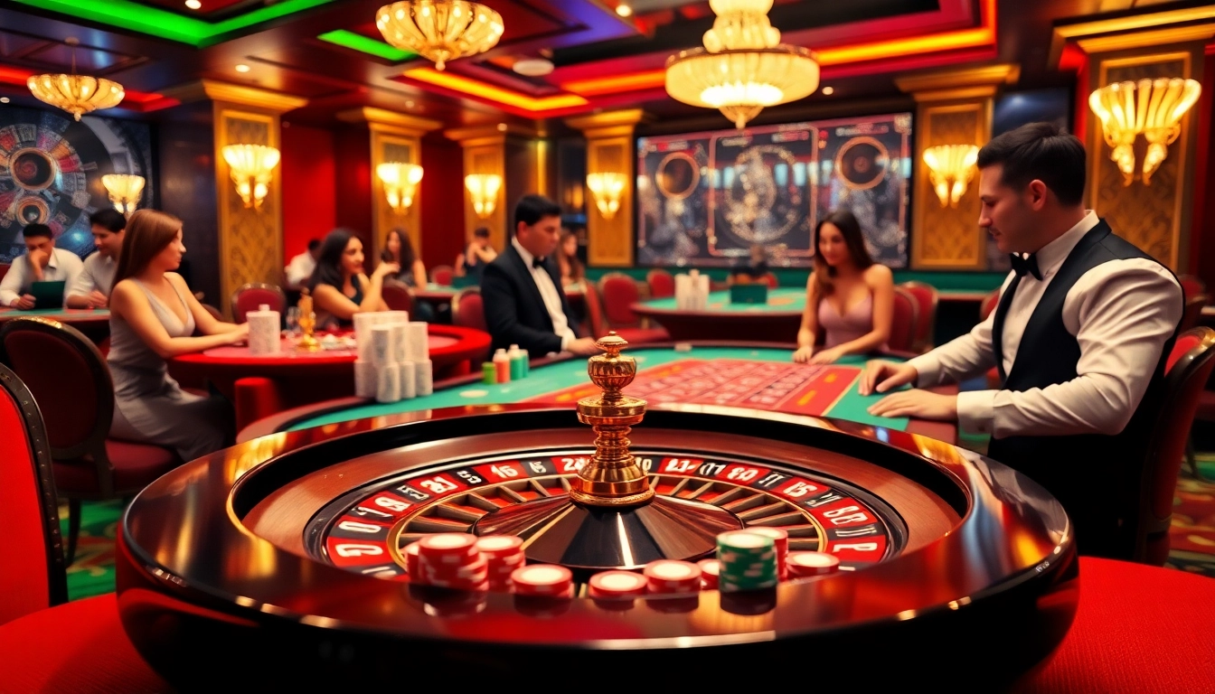 Experience thrilling gameplay at https://rr88.navy/ with excited players at a blackjack table in a luxurious casino setting.