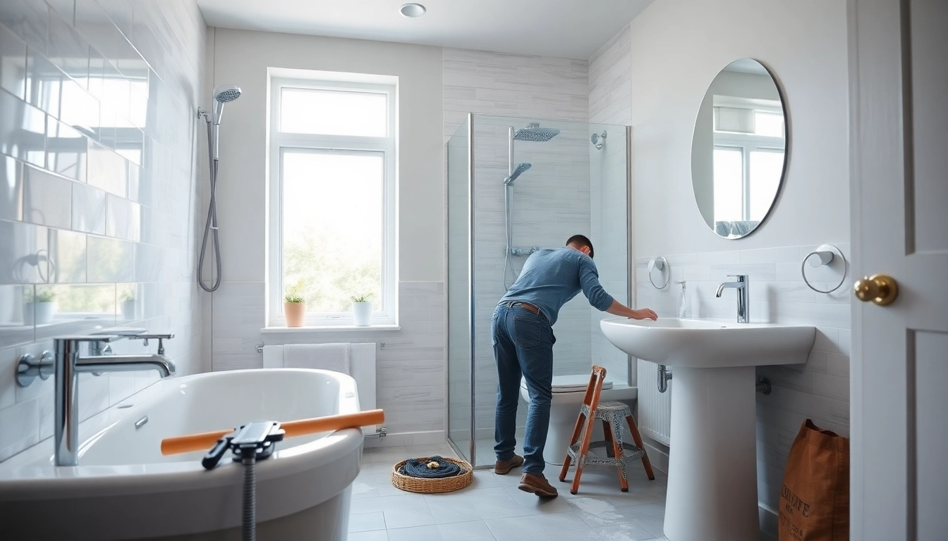 Manchester bathroom fitters expertly renovating a modern bathroom, showcasing craftsmanship and design.