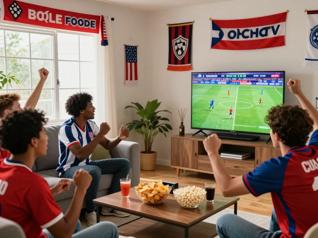 Friends enjoying Trực tiếp bóng đá CakhiaTV live soccer broadcast in a lively living room.