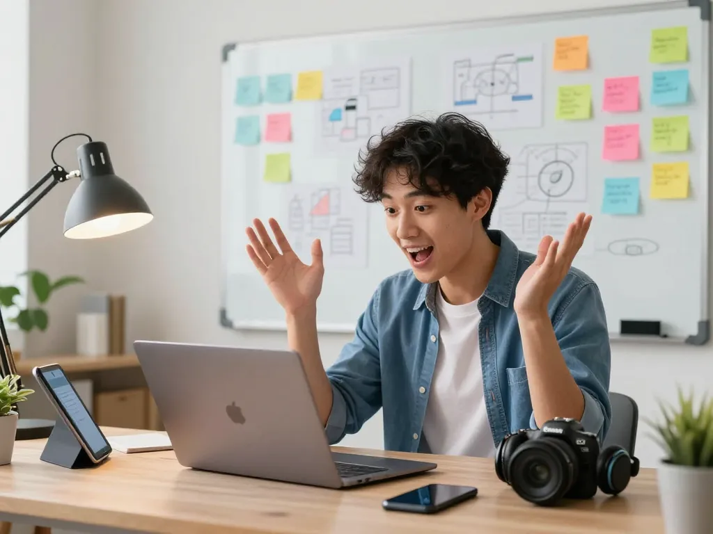 Interactive spicy chat scene featuring a person engaging with a chatbot in a modern home office.