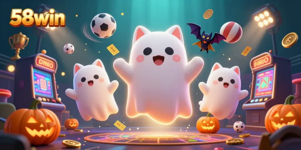 Engage with 58win's immersive haunted casino experience, featuring dynamic characters and glowing elements.