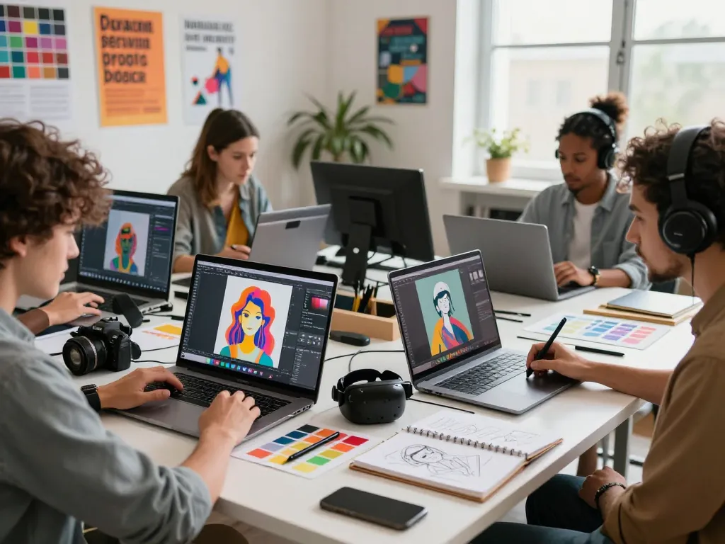 Creators using nano banana pro AI image editor in a vibrant digital art studio.