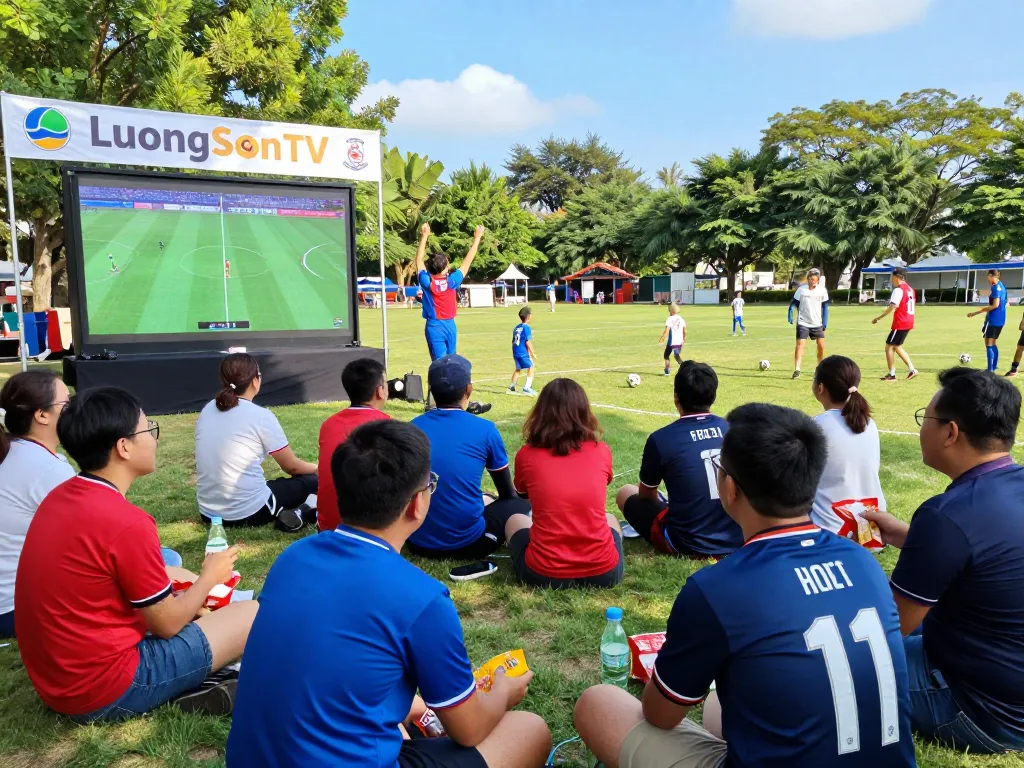 Excited fans enjoying live football matches on LuongSonTV in a community park.