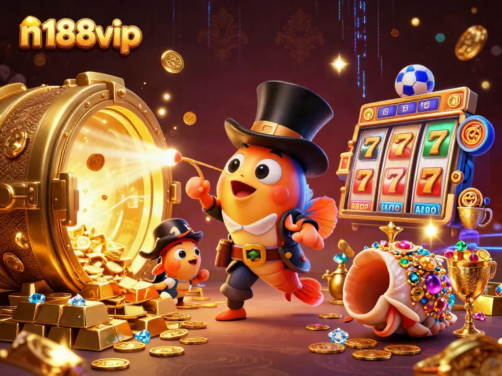 Engage with n188vip through a vibrant 3D illustration of an anglerfish, shrimp, and sea snail amidst rich casino elements.