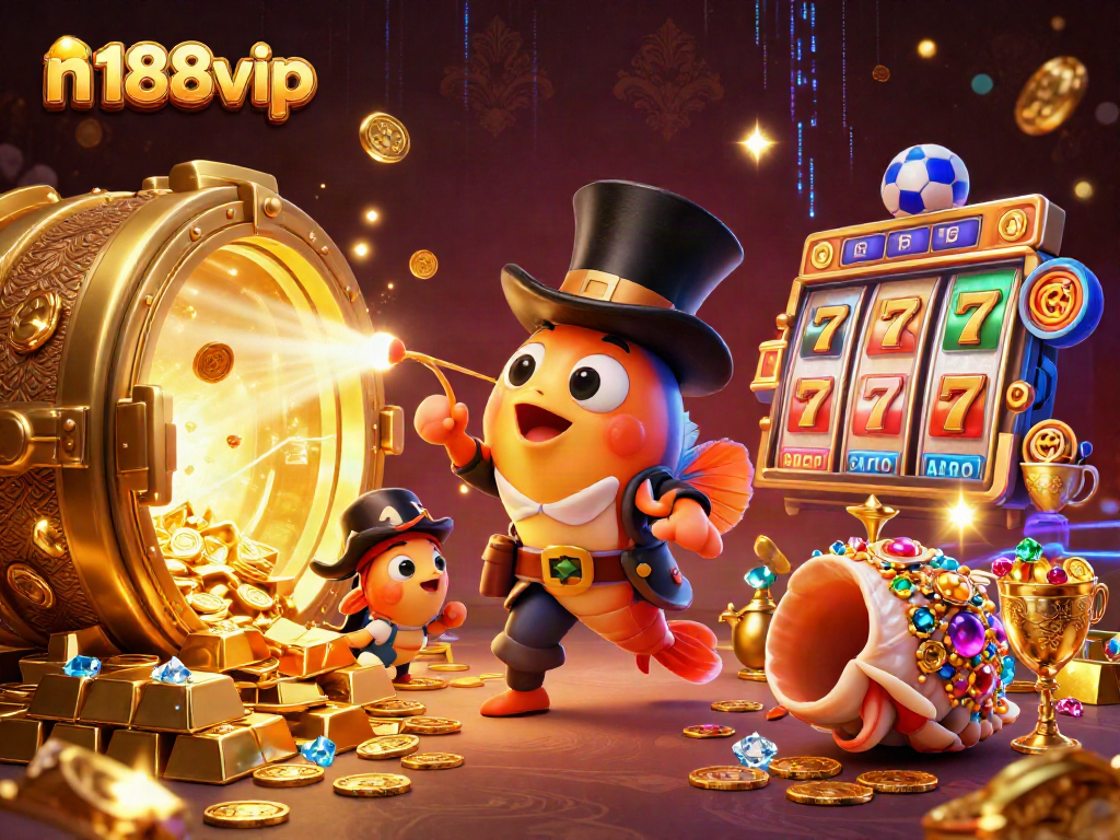 Engage with n188vip through a vibrant 3D illustration of an anglerfish, shrimp, and sea snail amidst rich casino elements.
