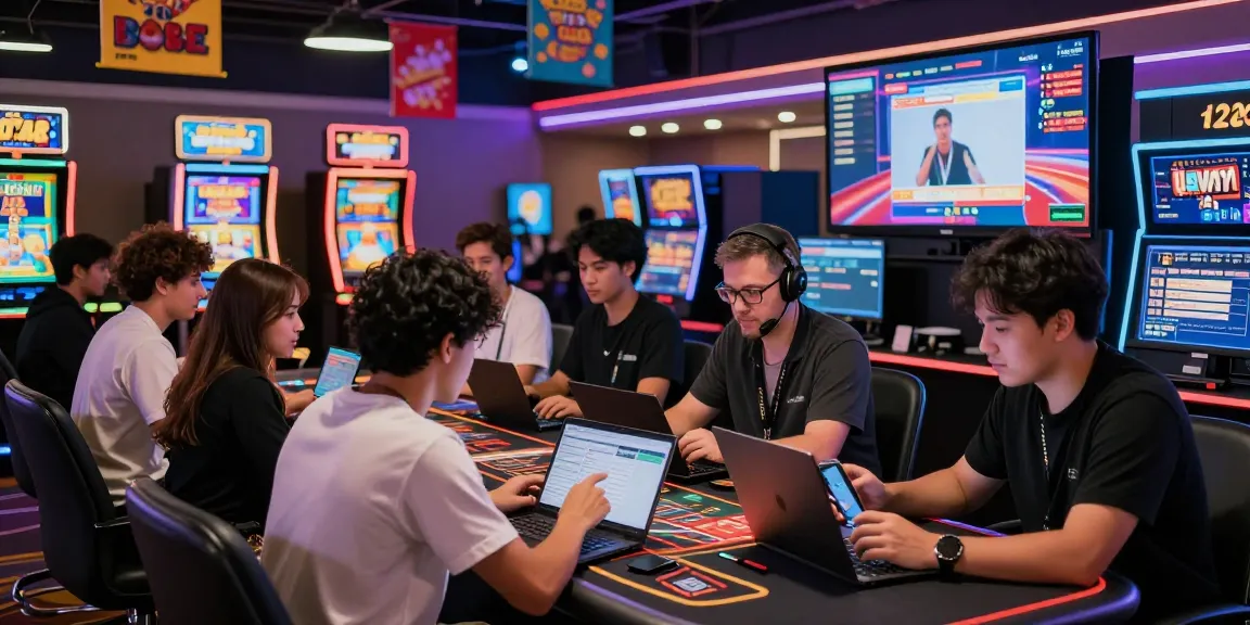 Engaging credit card casino scene at https://ccrm.org.uk/ showcasing players immersed in online gaming with vibrant slot graphics and a live dealer.