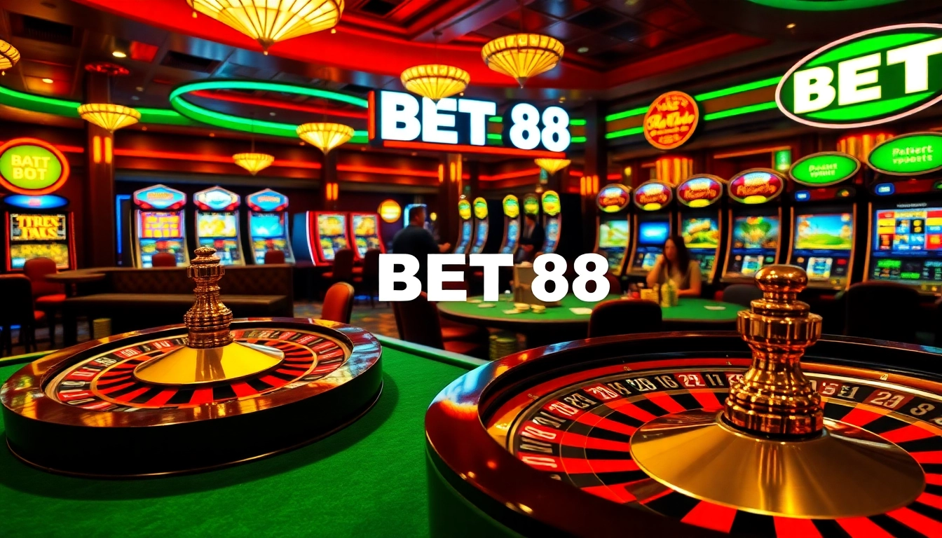 BET 88 casino scene showcasing a spinning roulette wheel and engaged poker players.