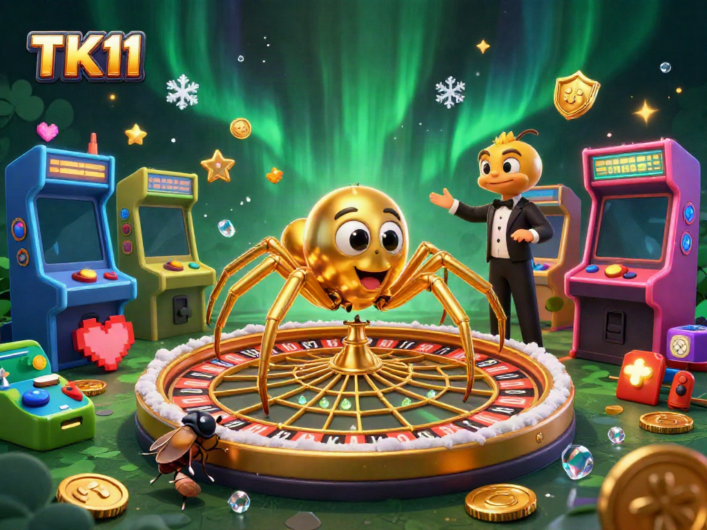 Engage in TK11's vibrant casino world featuring a spider spinning a roulette wheel web with a betting fly.