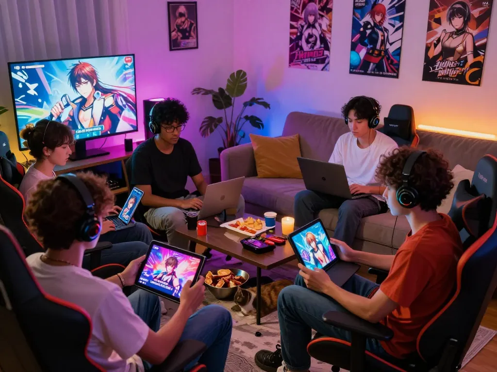 Group of gamers enjoying a lively session of porngame with multiple devices in a cozy setting.
