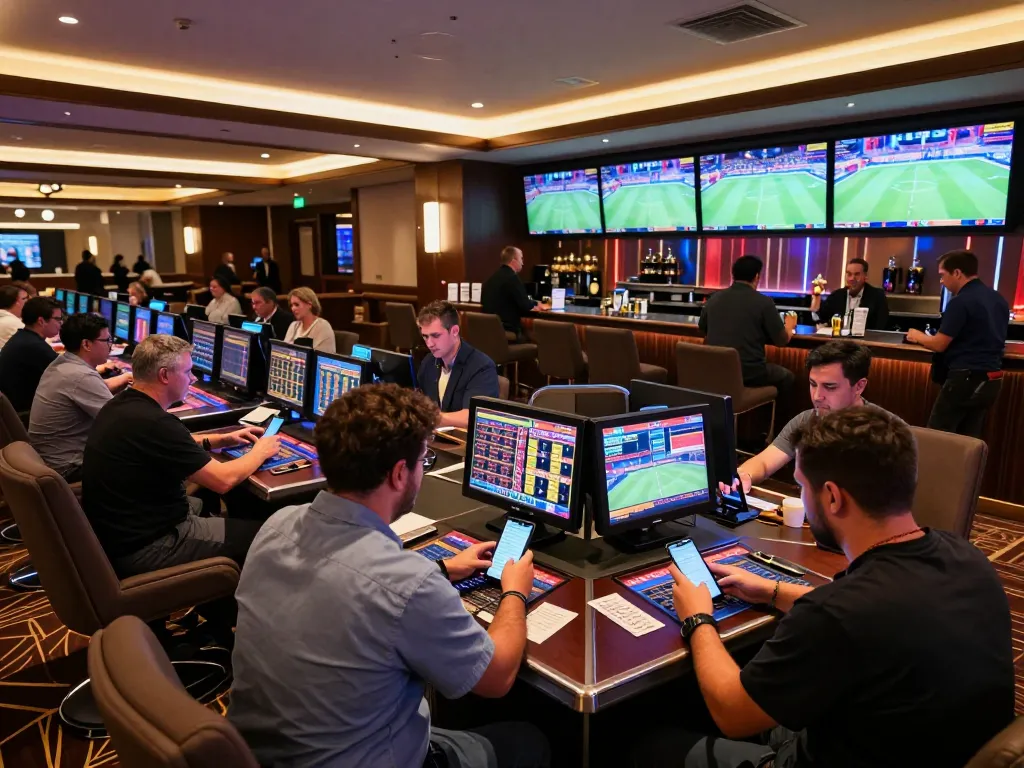 Players engaged in sports betting at 678vip's luxurious gaming area, showcasing live events and betting excitement