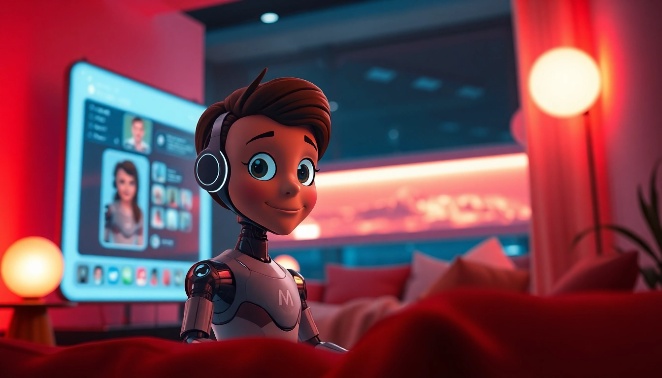 Intimate AI sex chat interaction with a friendly digital character in a warm, inviting room setting.