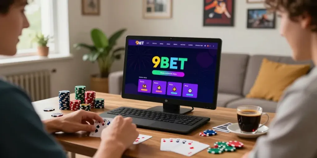 Operating 9bet.com in a cozy living room, surrounded by gaming gear and excitement