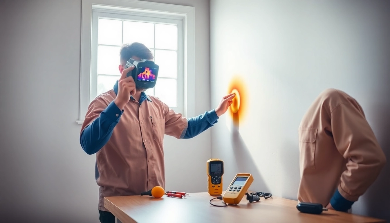 Water leak detection technician using thermal imaging to find hidden leaks in a home.
