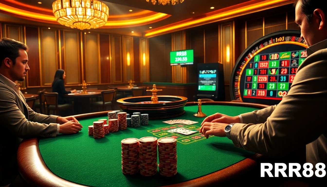 Experience the thrill of RR88 casino gaming with poker chips and cards on a professional table.