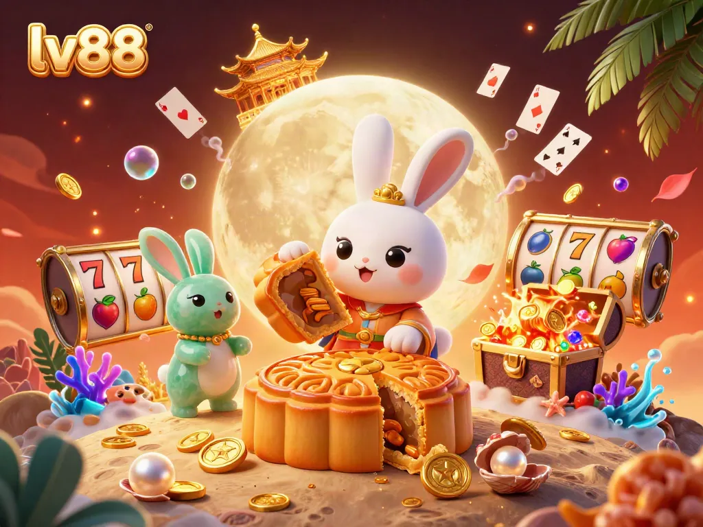 Play poker chips bursting from mooncakes as the lv88 rabbit celebrates on the lunar surface.
