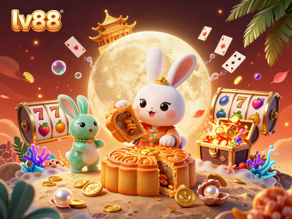 Play poker chips bursting from mooncakes as the lv88 rabbit celebrates on the lunar surface.