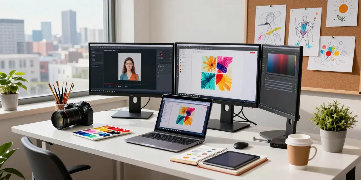 Using an image to prompt generator in a creative workspace, artist surrounded by AI art tools.