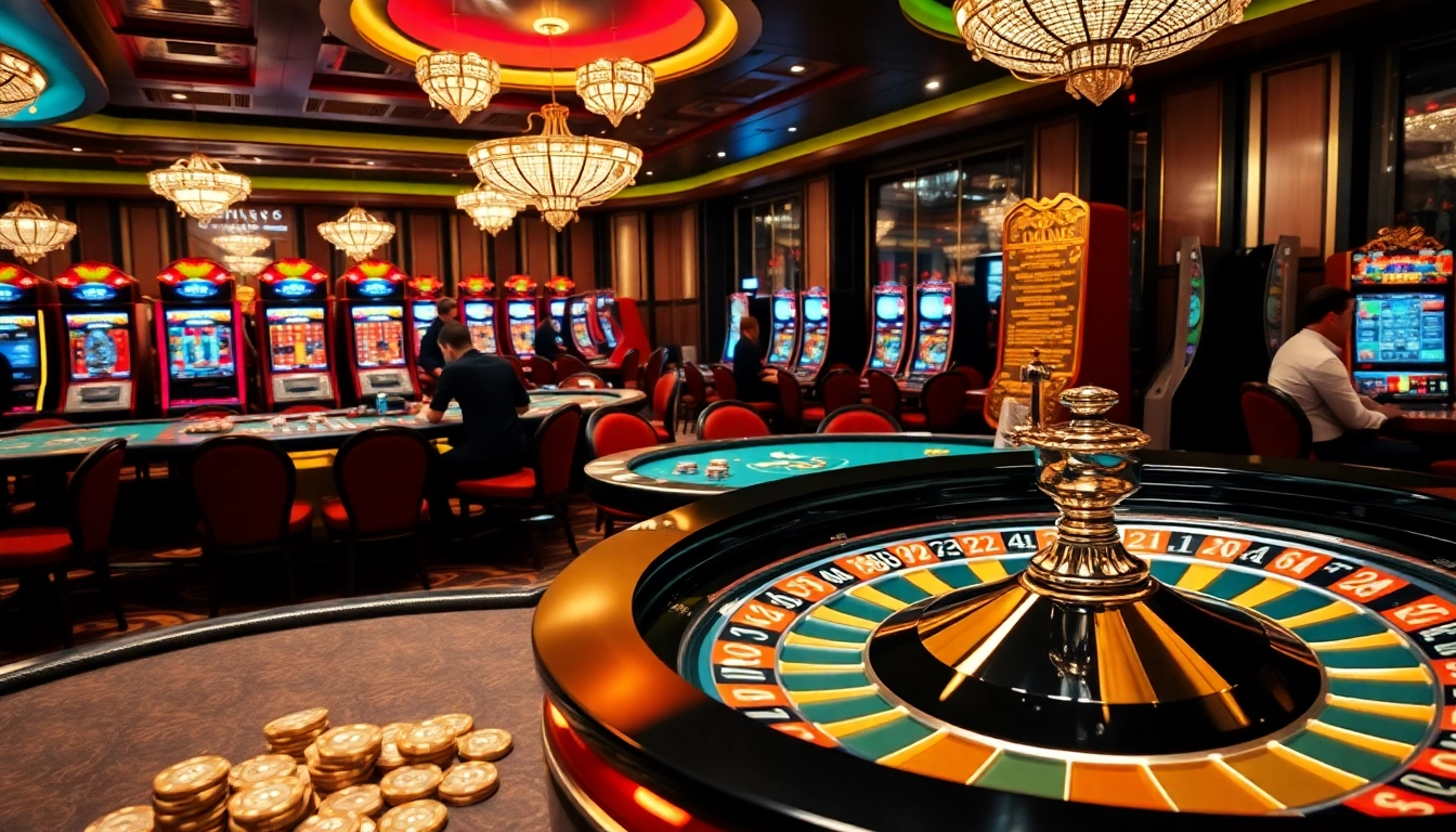 Experience premium gaming action at fb88 with vibrant slot machines and elegant casino tables.