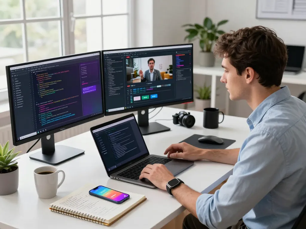 Professional developer using video to prompt ai tool in a modern workspace, showcasing dynamic tech environment.