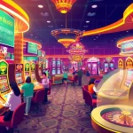 bancaonline88 showcases a lively casino scene with players at vibrant slot machines, capturing the excitement of online gambling.