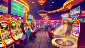 bancaonline88 showcases a lively casino scene with players at vibrant slot machines, capturing the excitement of online gambling.