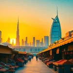 Experience the breathtaking skyline while you travel to Dubai, showcasing the Burj Khalifa at sunset.