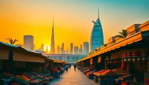 Experience the breathtaking skyline while you travel to Dubai, showcasing the Burj Khalifa at sunset.