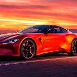 Captivating view of the SV 88 luxury car on a scenic mountain road at sunset.