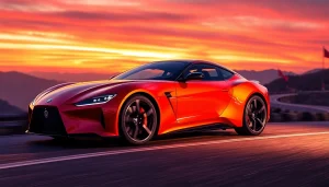 Captivating view of the SV 88 luxury car on a scenic mountain road at sunset.