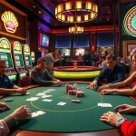 Players enjoying a thrilling game bài đổi thưởng at a lively casino table with poker chips and cards.