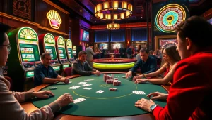 Players enjoying a thrilling game bài đổi thưởng at a lively casino table with poker chips and cards.