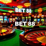 BET 88 casino scene showcasing a spinning roulette wheel and engaged poker players.