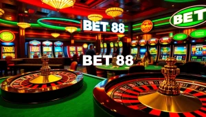 BET 88 casino scene showcasing a spinning roulette wheel and engaged poker players.