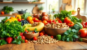 Discover a colorful array of healthy food showcasing fresh fruits, veggies, and nuts on a sunlit kitchen table.