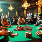 Dabet88 excitement unfolds at a poker table with players engaged in high-stakes gambling action.