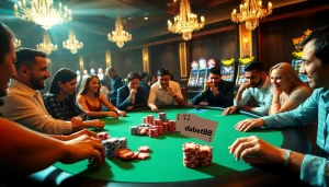 Dabet88 excitement unfolds at a poker table with players engaged in high-stakes gambling action.