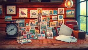 Beautiful collection of discounted postage stamps displayed on a wooden table with envelopes.
