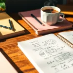 Custom printed notebooks displayed on a desk, showcasing creative designs and vibrant colors.