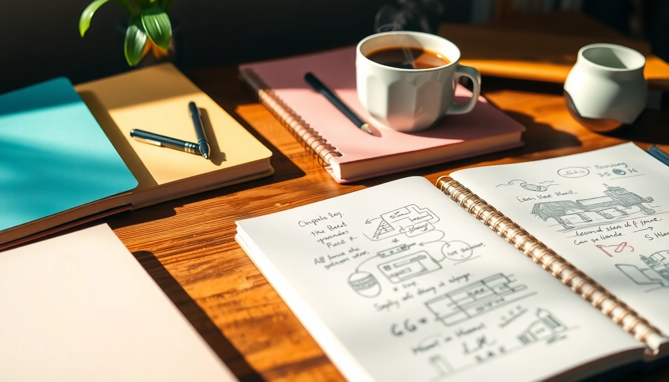 Custom printed notebooks displayed on a desk, showcasing creative designs and vibrant colors.