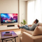 Enjoying iron tv in a cozy living room setting with stylish decorations.