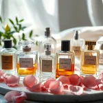 Showcasing unique perfume bottles inspired by perfumes with delicate flower petals and soft lighting.