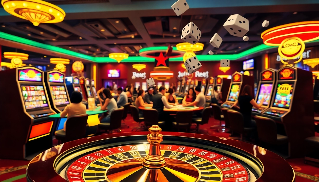 Gambling scene with KJC AC 3 casino tables, cards, and slot machines.