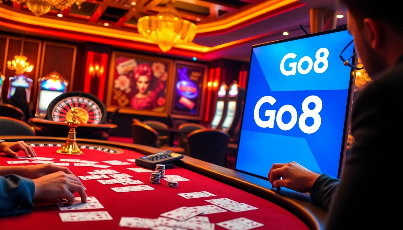 Players engaging with Go8 betting tables and casino games in a luxurious setting.